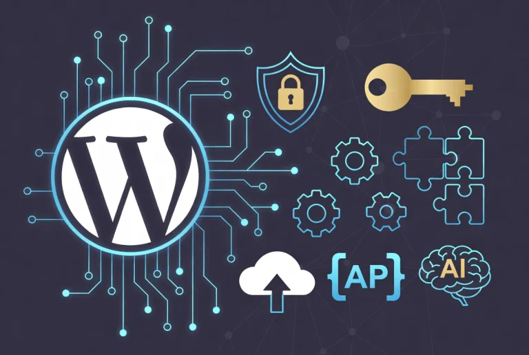 WordPress logo linked by glowing blue circuits to security shield key AI brain and API icons on dark tech background.