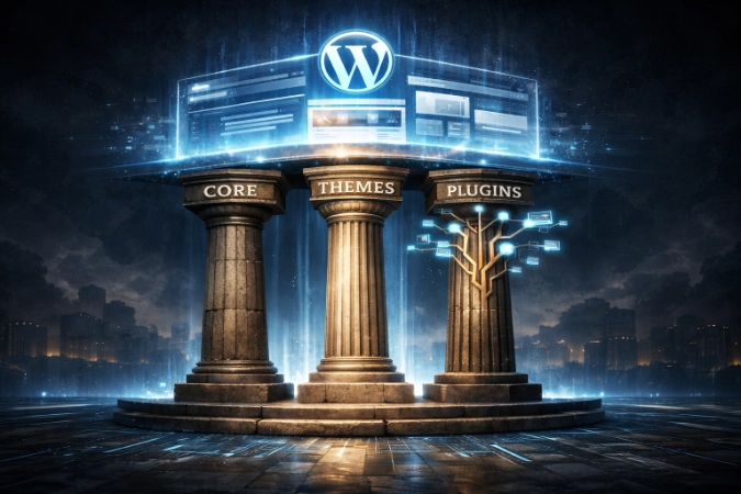 Four marble pillars labeled Core, Themes, Plugins, and Database supporting a floating WordPress logo structure.