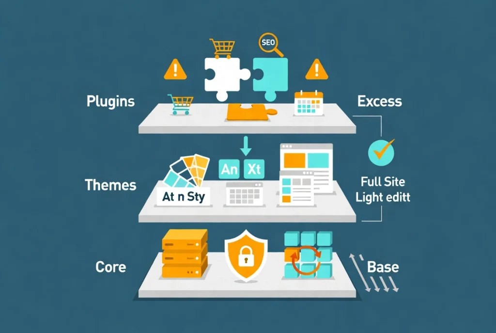 lat vector illustration of three WordPress architecture pillars core themes and plugins connected for blog featured image