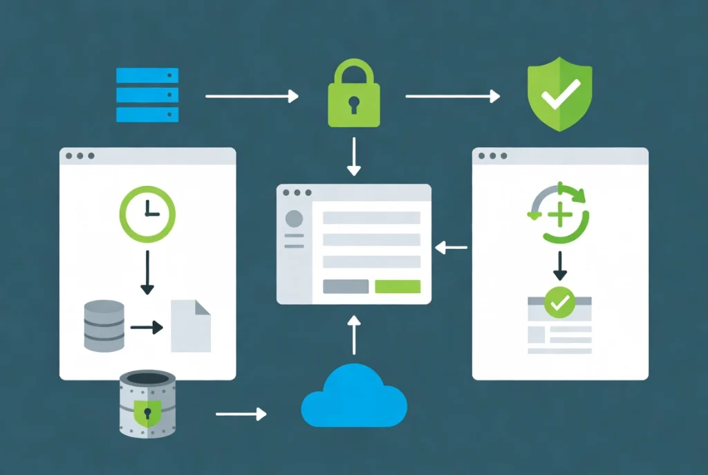 WordPress backup workflow illustration with automated process, off-site storage and restore testing steps.