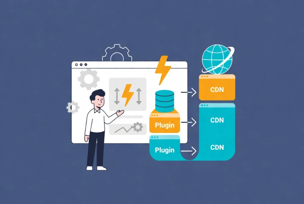 Website speed optimization illustration showing caching layers with workflow arrows and friendly character