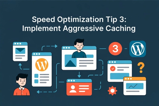 Friendly cartoon man explains WordPress caching workflow with browser windows and process arrows