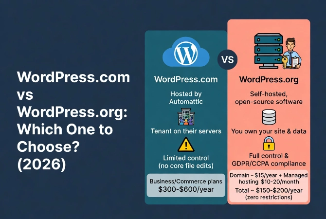 WordPress.com vs WordPress.org 2026 comparison infographic showing ownership, control and cost differences between the two platforms.