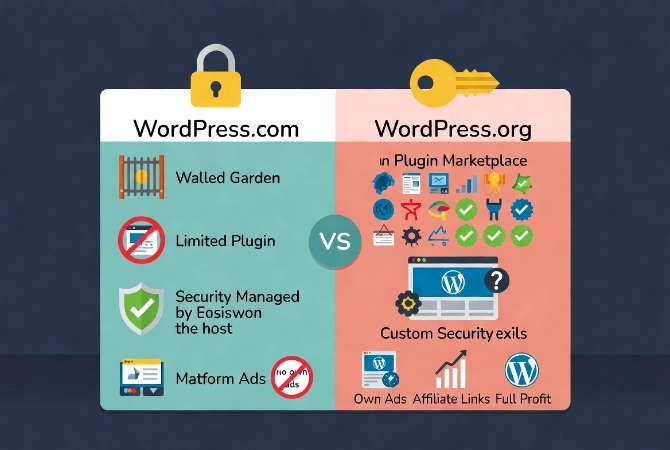 Flat vector illustration comparing WordPress.com and WordPress.org extensibility, plugin ecosystem, security, maintenance and monetization options for beginners.