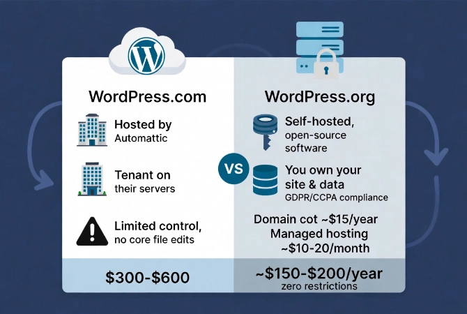 Flat vector illustration comparing WordPress.com and WordPress.org showing ownership architecture, control level, and financial breakdown for beginners.