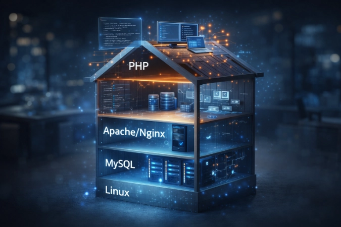 Digital house structure built from glowing cubes representing PHP, MySQL, and server stack layers
