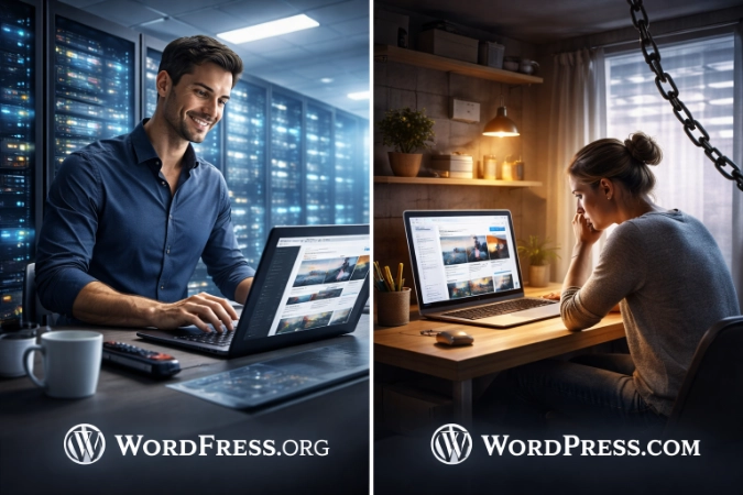 Scale balancing a cloud icon representing WordPress.com against a globe icon representing self-hosted WordPress.org.