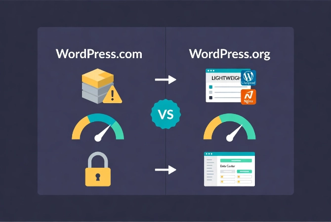 Flat vector illustration comparing WordPress.com and WordPress.org performance, speed optimization, and long-term flexibility for beginners in 2026.
