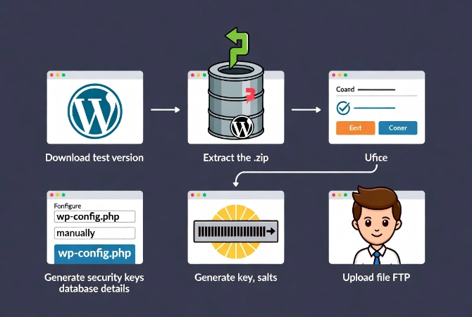 Flat vector illustration showing WordPress core files preparation, wp-config.php editing with database details and security keys, followed by FTP upload process with file transfer arrows.