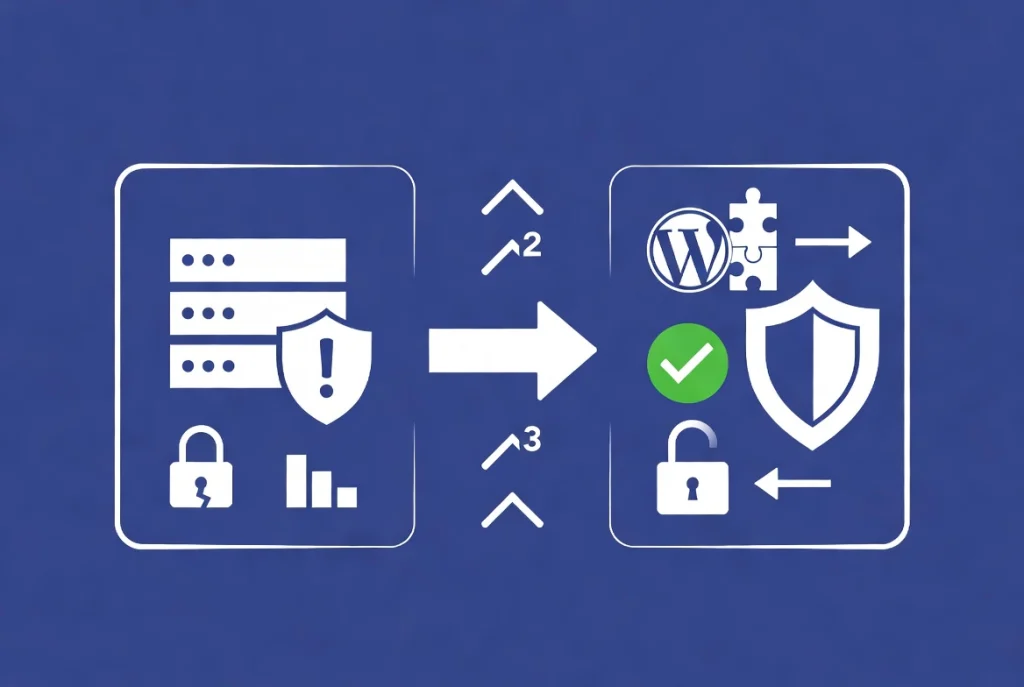 WordPress core update process illustration showing security vulnerability fix workflow from outdated to protected system