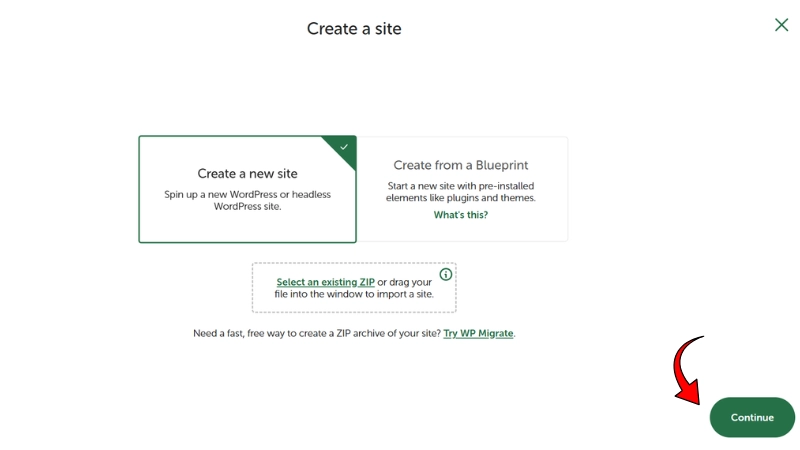 WordPress create a site screen with red arrow pointing to green Continue button