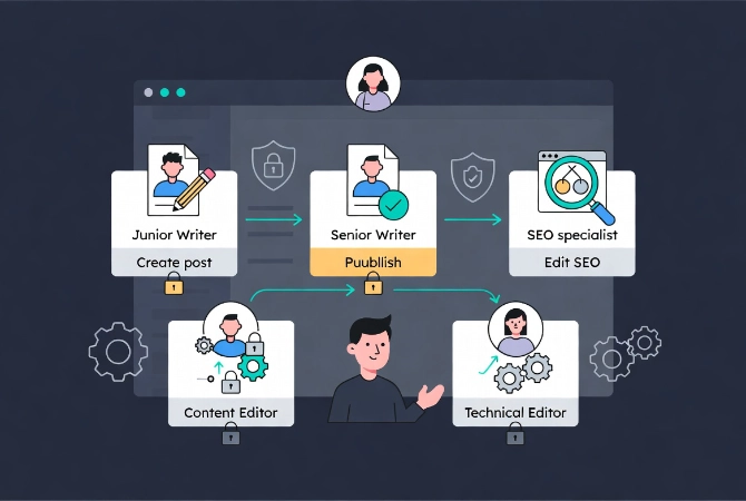 Custom WordPress roles illustration showing user access levels with workflow arrows and icons