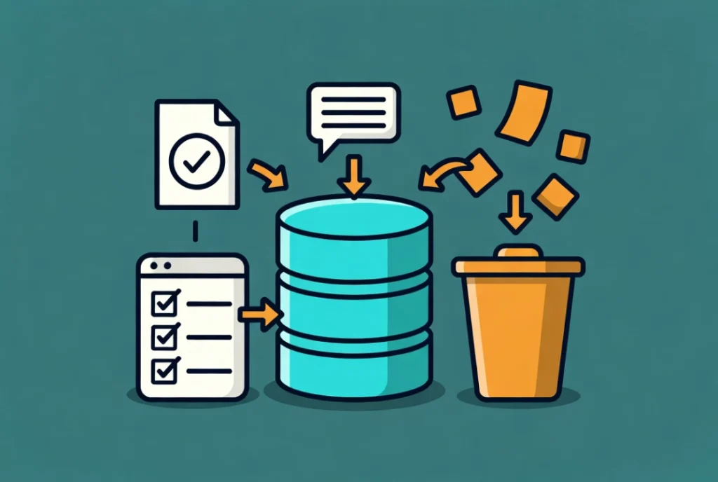 Database cleanup illustration with workflow arrows removing revisions and junk data into trash for WordPress optimization