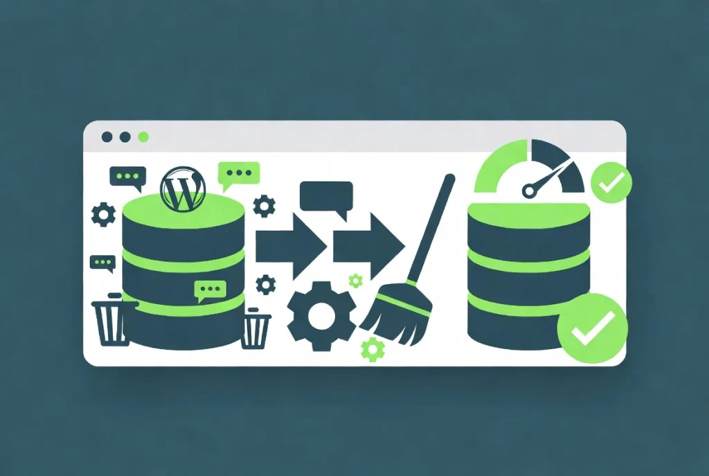 WordPress database cleanup process illustration showing bloated database transforming to clean optimized structure with workflow arrows in flat vector style.