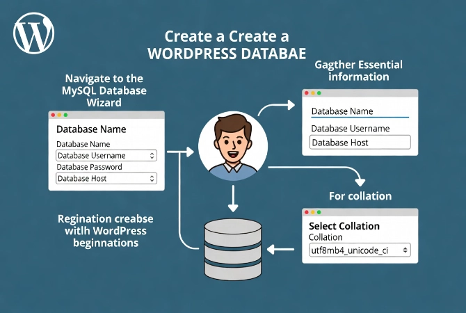 Flat vector illustration of WordPress database creation process with MySQL database wizard interface and essential info cards connected by workflow arrows.