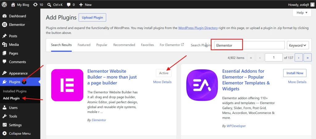 WordPress admin plugins page displaying active Elementor Website Builder with sidebar navigation highlighted