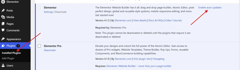 WordPress plugins admin page displaying Elementor and Elementor Pro with red arrows highlighting installed plugins navigation and enable auto-updates option