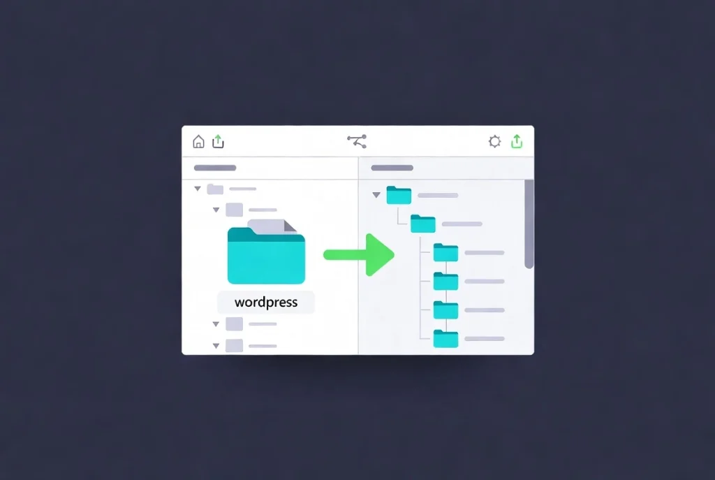 FTP client split view showing WordPress files being uploaded from local computer to server root directory