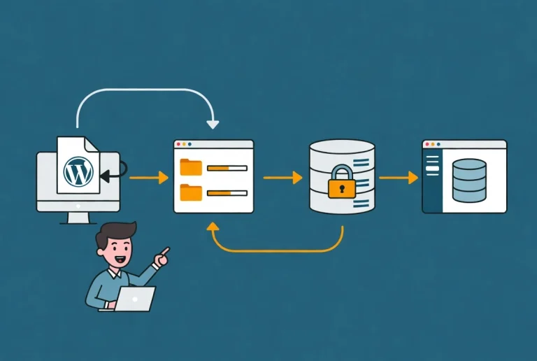 riendly cartoon character guiding WordPress FTP installation workflow with file transfer steps and server icons