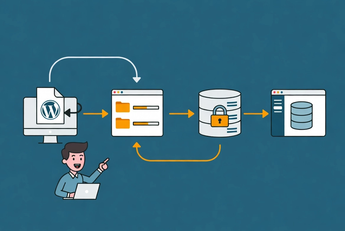 riendly cartoon character guiding WordPress FTP installation workflow with file transfer steps and server icons