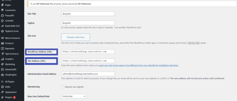 WordPress settings page with highlighted WordPress Address and Site Address URL fields showing HTTPS protocol.