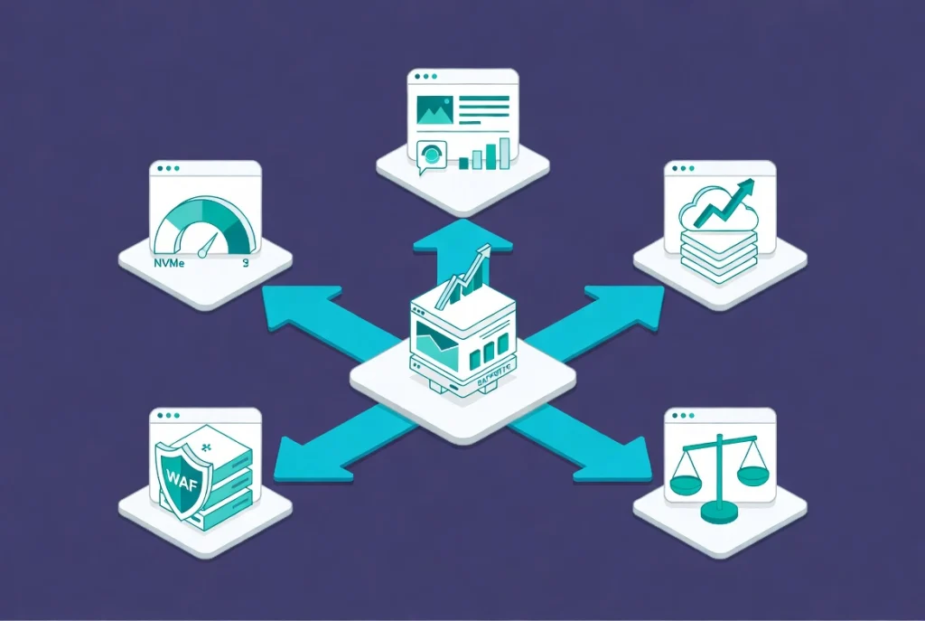 Decision crossroads with workflow arrows connecting performance security scalability and support icons to successful website infrastructure