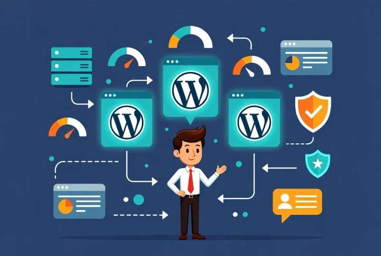Professional evaluating WordPress hosting options with comparison icons and workflow arrows in flat vector style