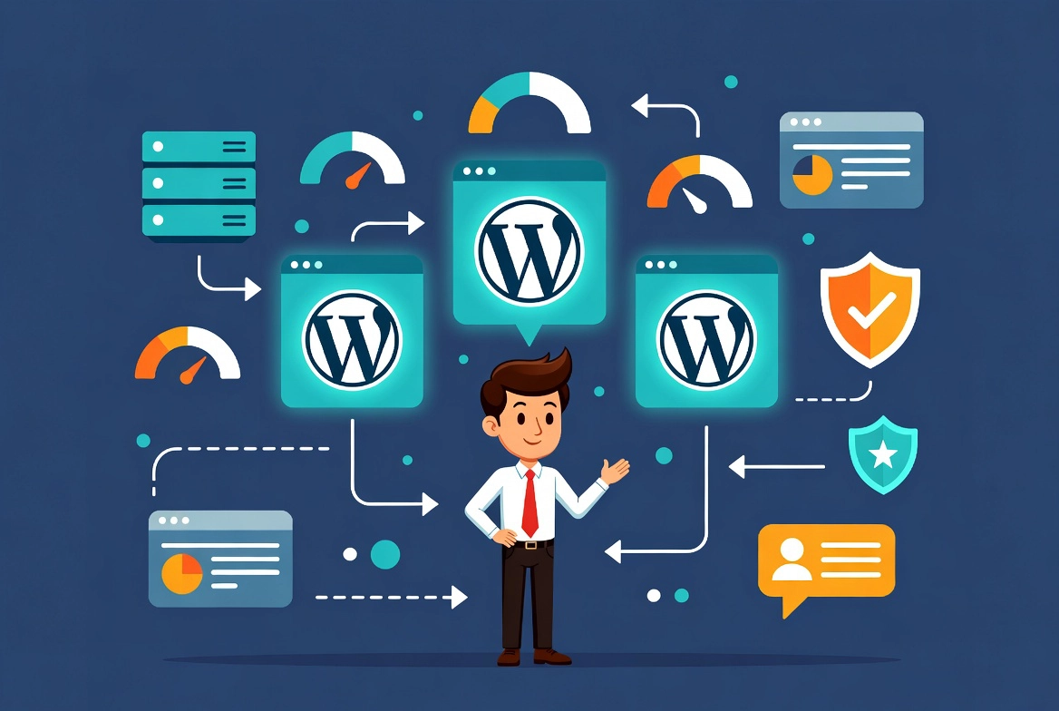 Professional evaluating WordPress hosting options with comparison icons and workflow arrows in flat vector style