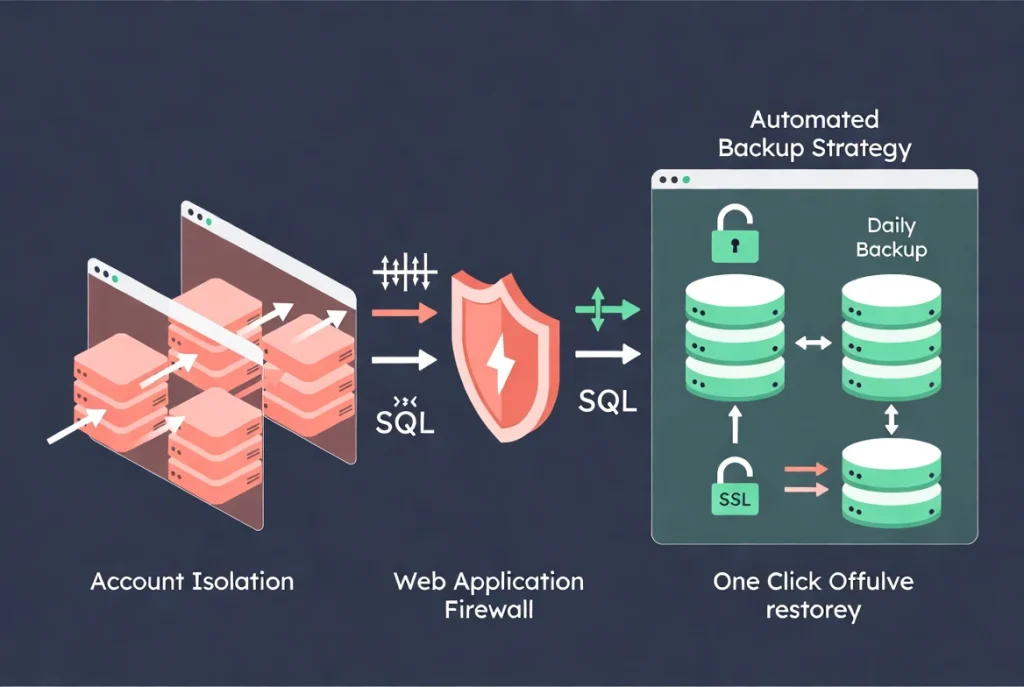 Flat vector illustration of WordPress hosting security layers including account isolation, WAF firewall, and automated backups