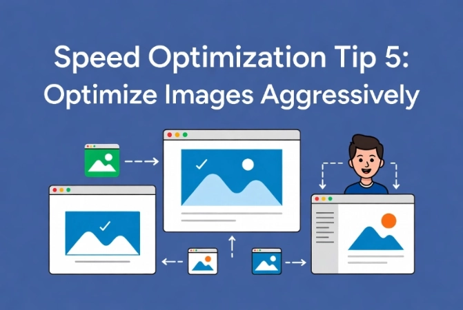 Friendly cartoon man demonstrates WordPress image optimization process with browser windows showing compressed pictures and workflow arrows