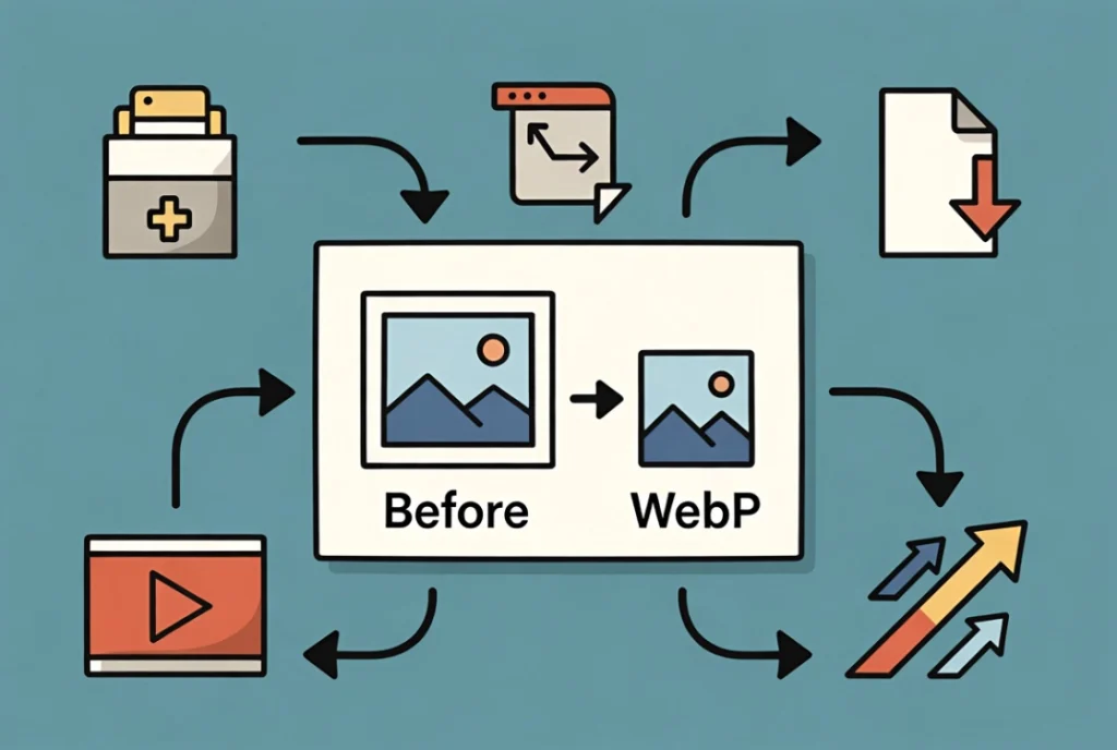 WordPress image optimization process showing compression and WebP conversion workflow in flat vector