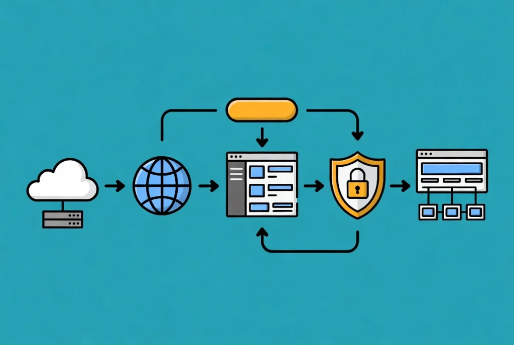WordPress setup process workflow with sequential icons and arrows showing installation and configuration steps