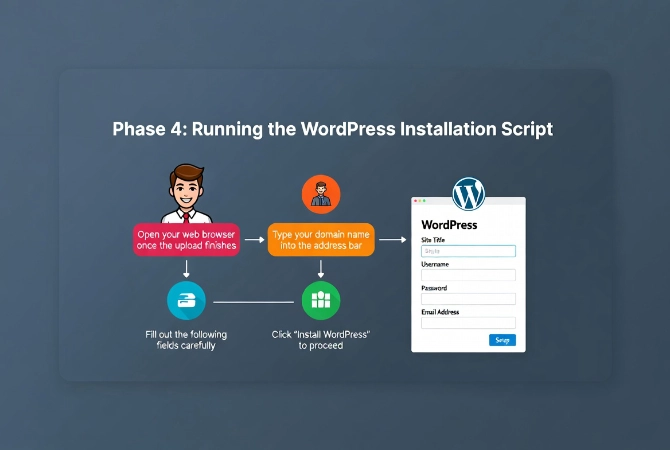 Flat vector illustration of WordPress installation screen with site title, secure username, strong password, email and search engine visibility settings connected by clean workflow arrows.