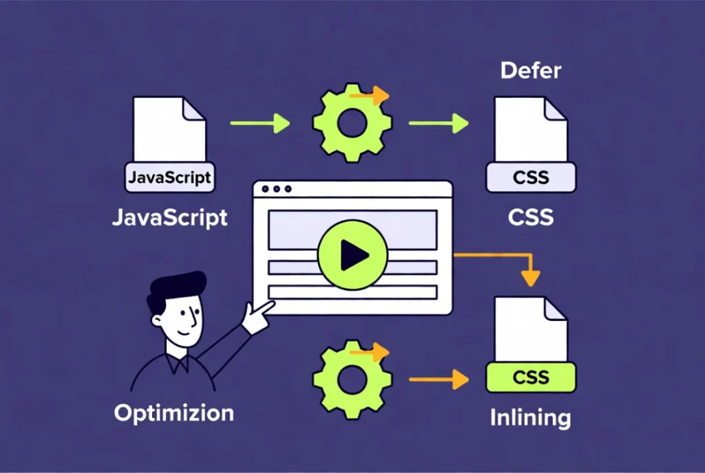 JavaScript and CSS optimization illustration showing minification and defer process with workflow arrows for faster page loading