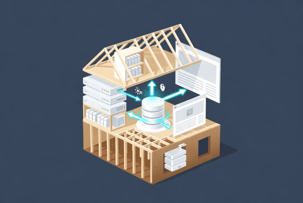 Layered LAMP stack foundation illustrated as house construction with database content flowing into dynamic webpage assembly