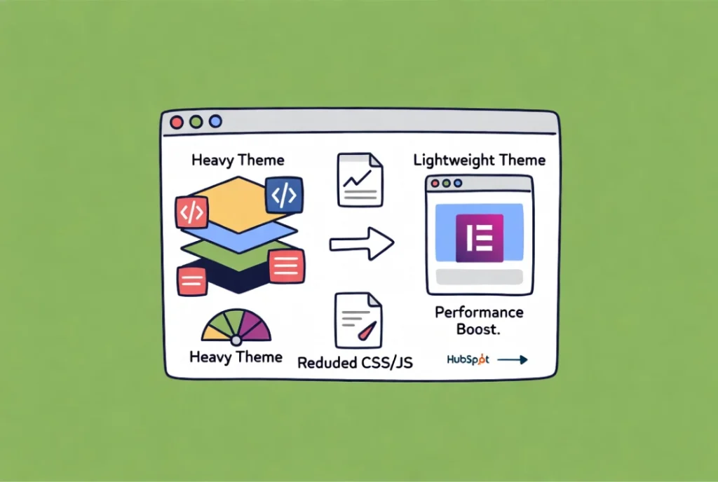 WordPress lightweight theme switch illustration showing heavy to minimal theme transition in flat vector