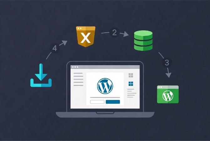 Laptop displaying WordPress setup screen surrounded by circular workflow arrows connecting XAMPP installer, database icon and final WordPress dashboard in flat vector style.