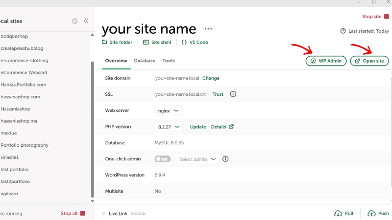 WordPress local site overview dashboard with red arrow on Open site button