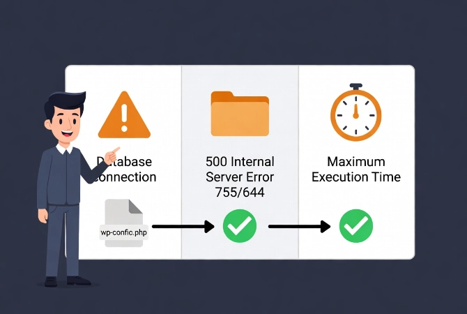 Flat vector illustration of friendly man troubleshooting common WordPress manual installation errors with database connection, 500 error and execution time issues.
