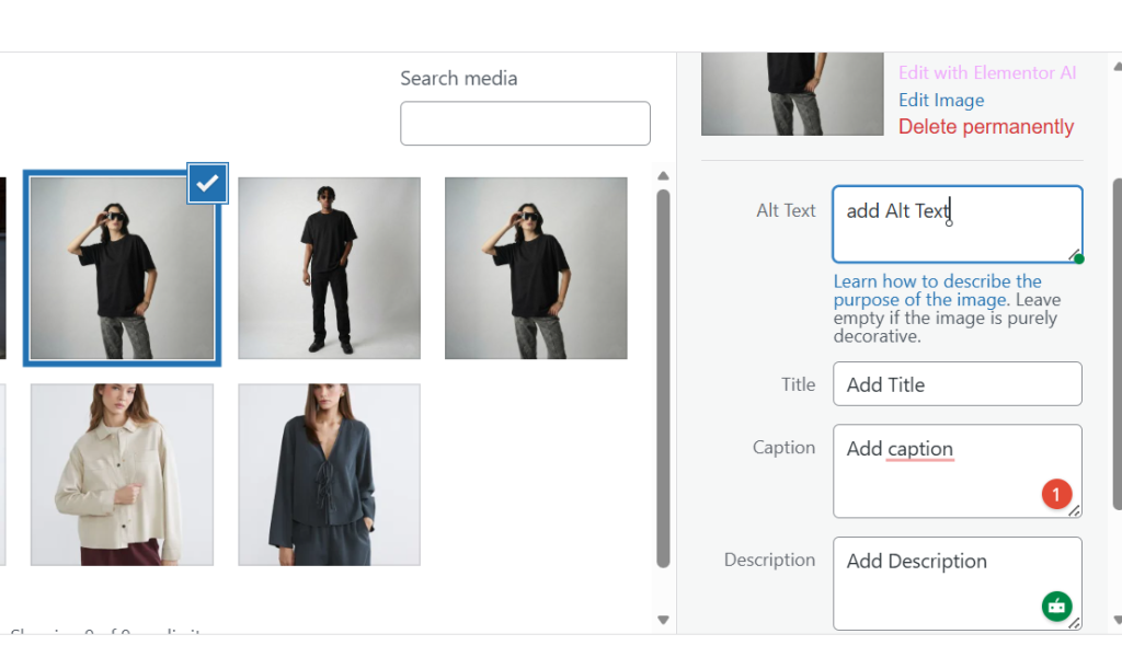 WordPress media library interface with alt text field selected and fashion images grid