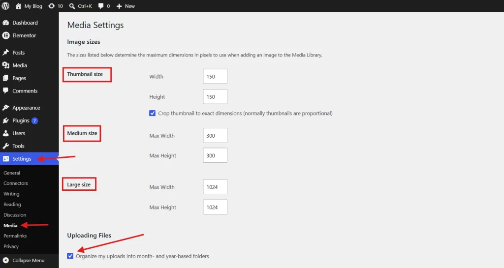 WordPress Media Settings page with red highlights on thumbnail medium large image sizes and upload organization options