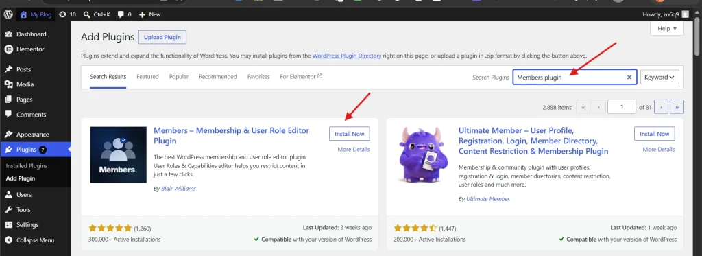 WordPress plugins page showing search results for Members plugin user role editor with red arrows highlighting install option