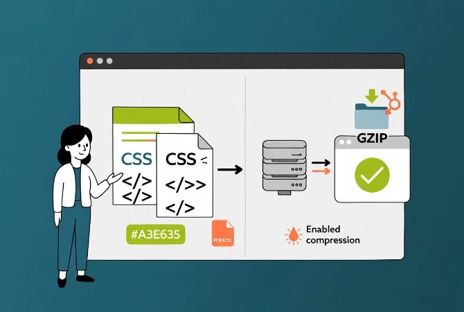 Flat vector illustration of friendly woman explaining CSS and JavaScript minification next to GZIP compression process with server and browser icons.