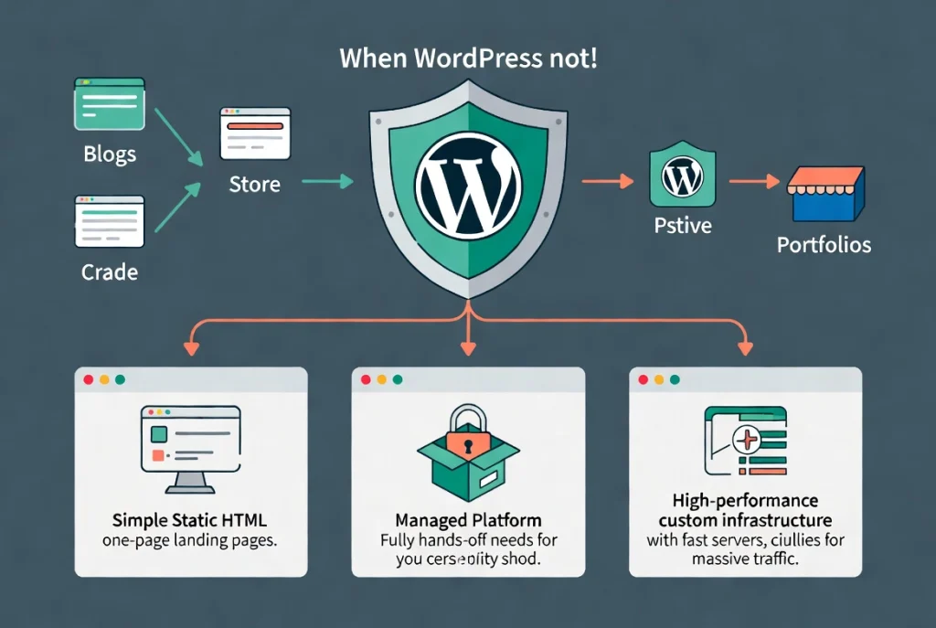 WordPress decision tree illustration showing scenarios where other platforms may suit better on slate background