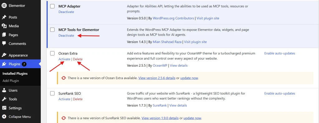 WordPress plugins admin screen with red arrows highlighting Ocean Extra activate delete buttons and update notice