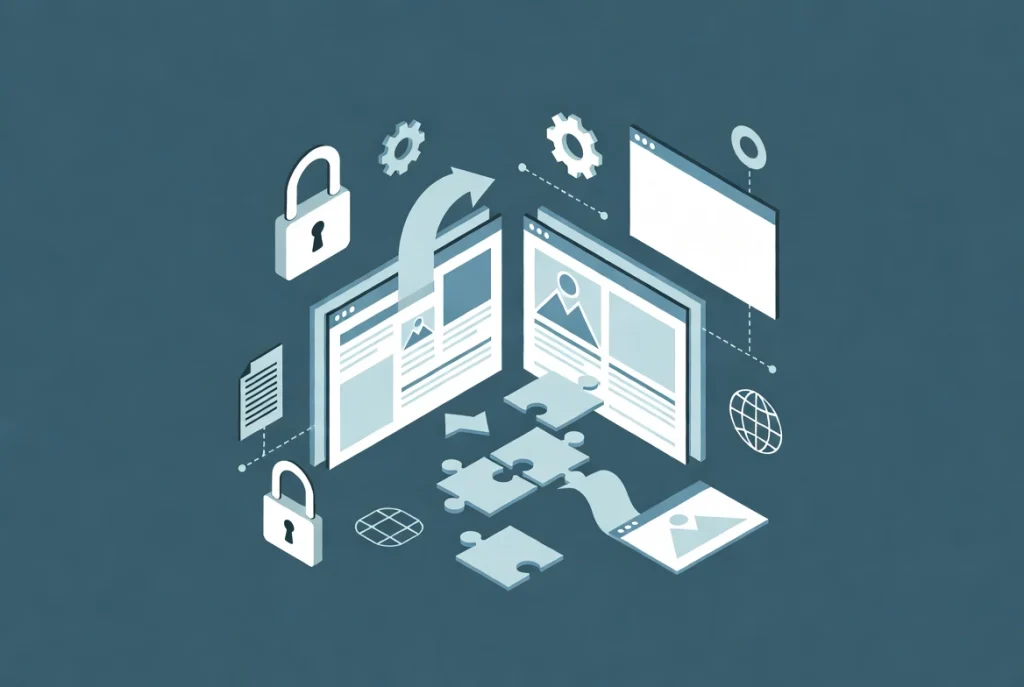 Modular WordPress interfaces with draggable puzzle blocks open padlocks and customization gears assembling websites