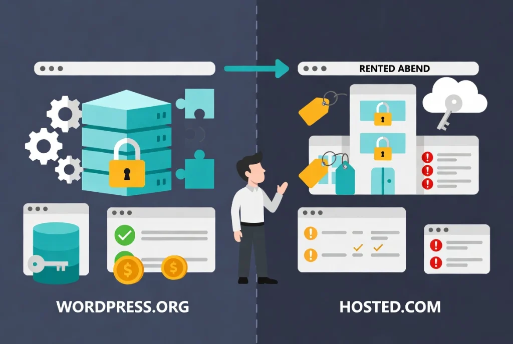 Flat vector comparison of WordPress.org self-hosted freedom versus WordPress.com hosted restrictions for blog featured image