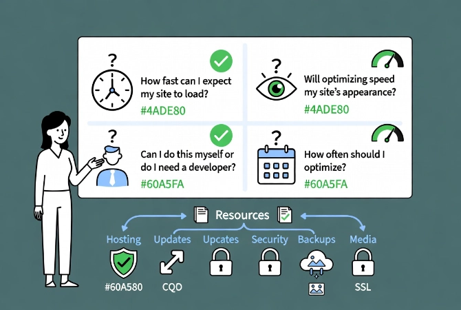 Flat vector illustration of friendly woman presenting WordPress speed optimization FAQ with questions about load time, appearance, DIY optimization and frequency alongside supporting resources.