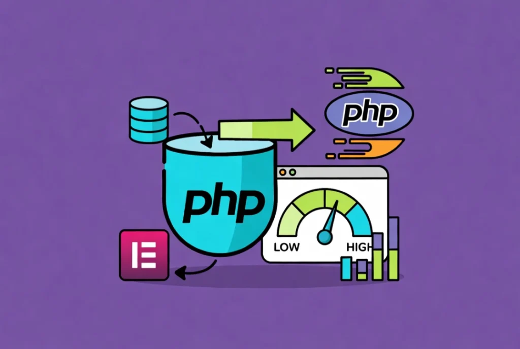 PHP version update and memory limit increase illustration with workflow arrows showing performance boost for WordPress