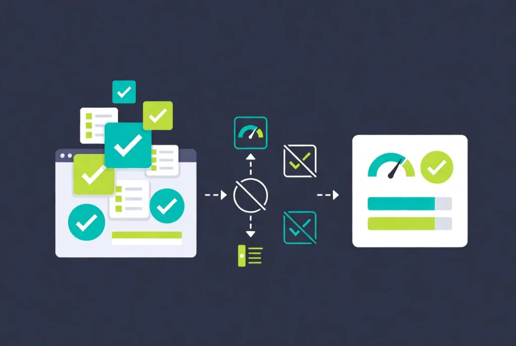 WordPress plugin audit and minimization illustration showing cluttered plugins reduced to essential ones with workflow arrows and performance icons in flat vector style.